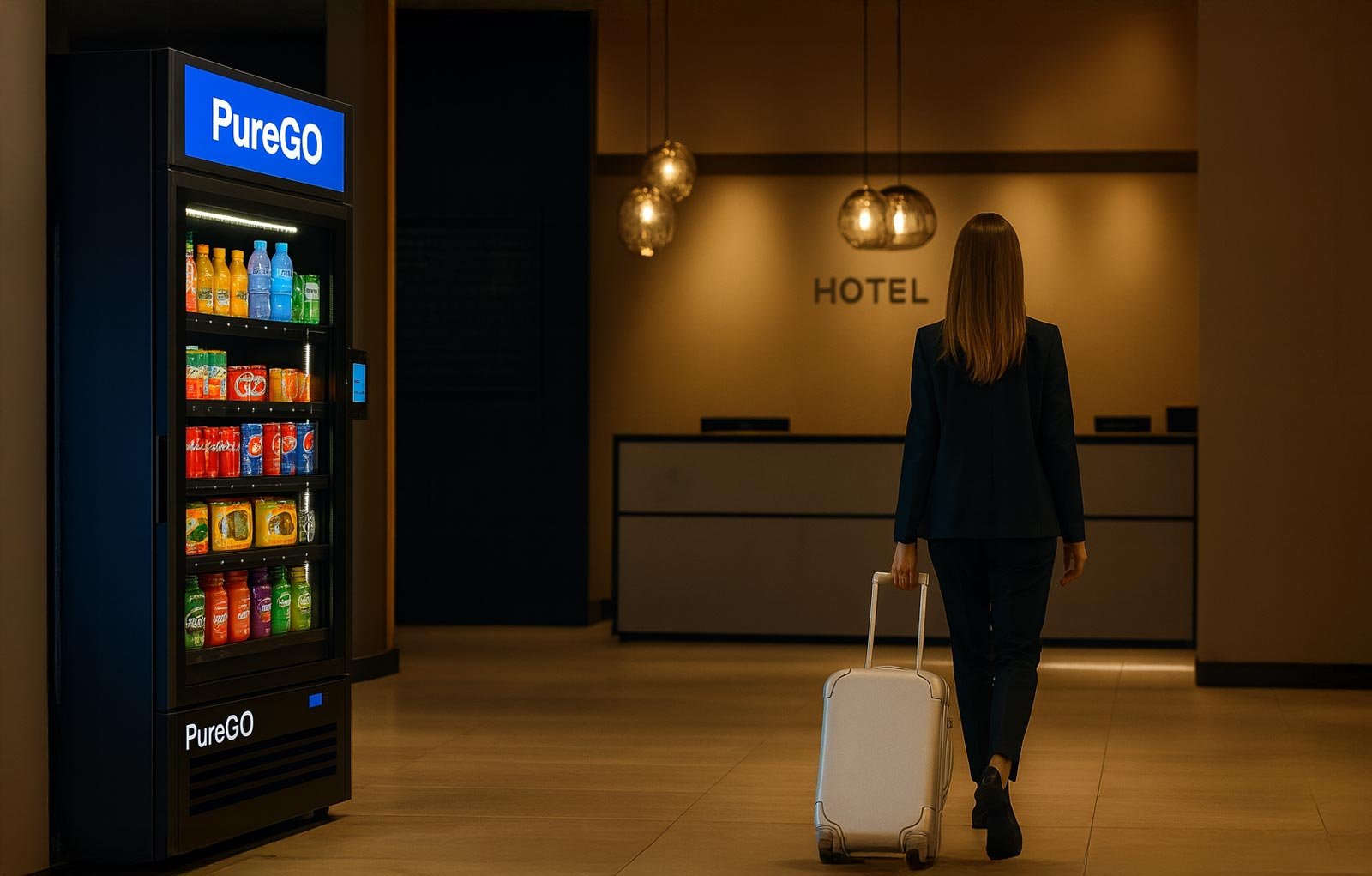 Distributeur automatique PureGO dans un hall d’hôtel, proposant des boissons et snacks. Distributeur automatique PureGO dans un hall d'hôtel, proposant des boissons et snacks.