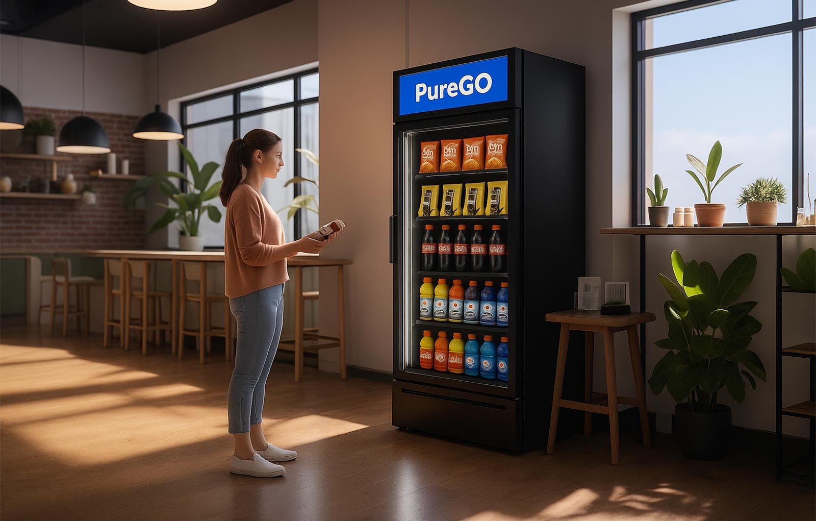 Réfrigérateur PureGO dans un espace de bureau moderne. Réfrigérateur PureGO dans un espace de bureau moderne.