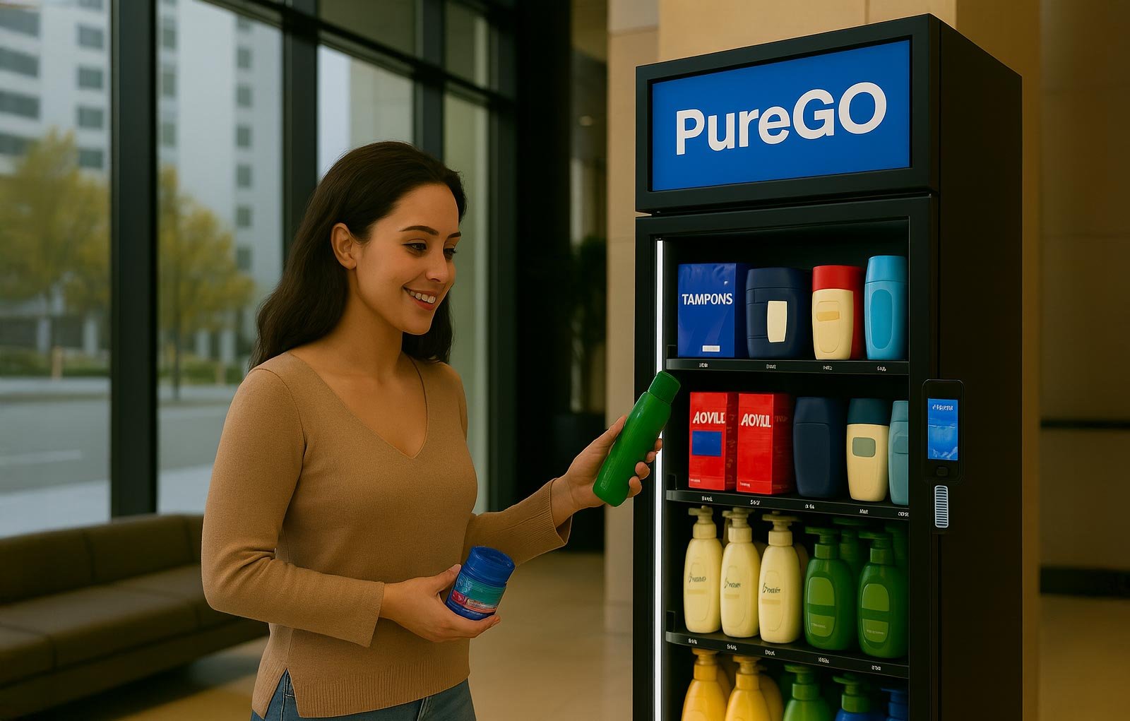 Femme utilisant un distributeur automatique PureGO moderne, proposant produits d’hygiène et essentiels du quotidien dans une résidence ou un espace commun Femme utilisant un distributeur automatique PureGO moderne, proposant produits d’hygiène et essentiels du quotidien dans une résidence ou un espace commun