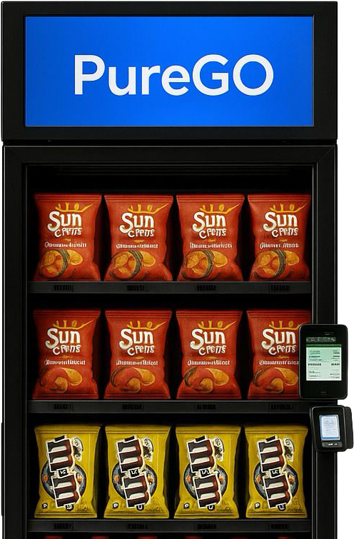 Distributeur automatique PureGO rempli de collations populaires, incluant chips Sun Chips et chocolats M&M’s. Distributeur automatique PureGO rempli de collations populaires, incluant chips Sun Chips et chocolats M&M’s.